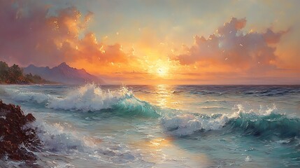 Obraz premium Ocean Waves Crashing at Sunset Coastal Scene