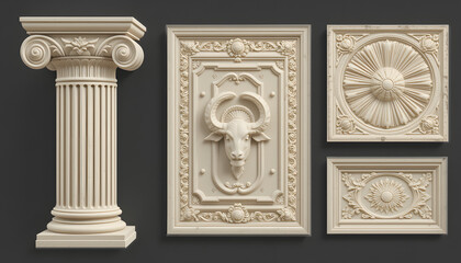 Obraz premium Classical architectural elements including a column and decorative reliefs on a dark background