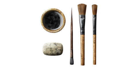 Traditional japanese calligraphy tools set isolated on transparent background
