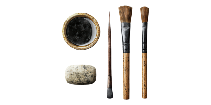 Traditional japanese calligraphy tools set isolated on transparent background