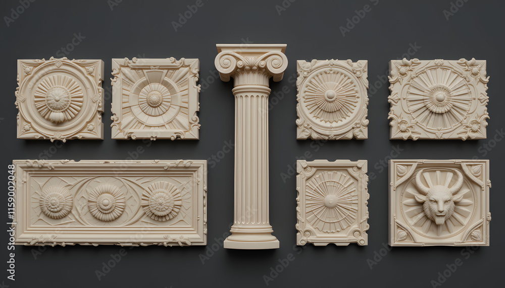 Wall mural architectural elements including columns and reliefs in classical style on a gray background