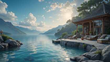 Obraz premium Scenic lakeside retreat with a wooden pavilion and stunning mountain views at sunset 