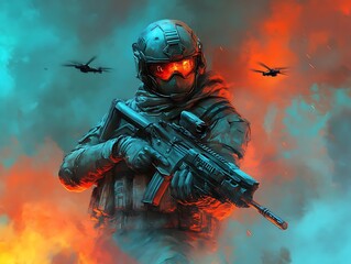 Fototapeta premium Soldier in combat, amidst explosions and helicopters.