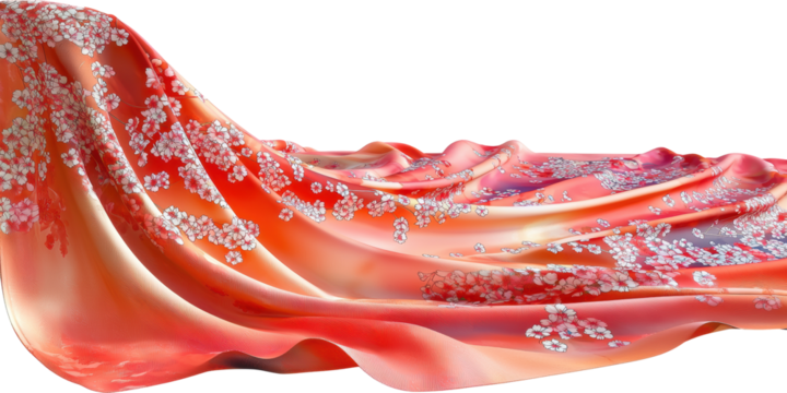 Flowing red silk fabric with white floral pattern isolated on transparent background