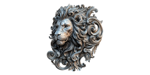 Ornate lion head sculpture isolated on transparent background