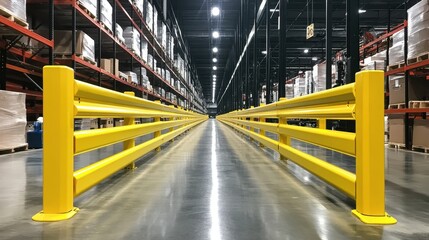 Bright yellow safety barrier in warehouse aisle. Ideal for illustrating warehouse safety and efficient layouts.