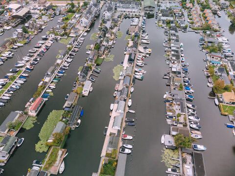 Aerial View of Houses on Loosdrechtse Plassen Lake with Islands and Canals. Scheendijk, Netherlands