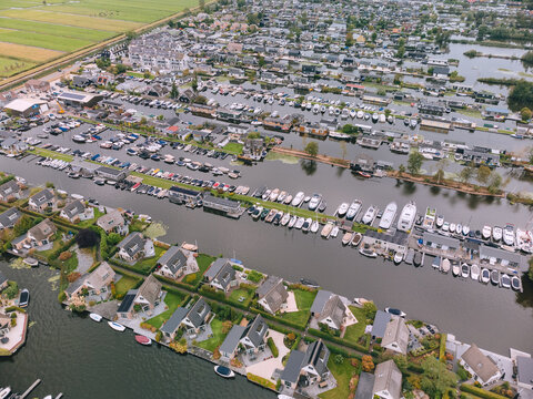 Aerial View of Houses on Loosdrechtse Plassen Lake with Islands and Canals. Scheendijk, Netherlands