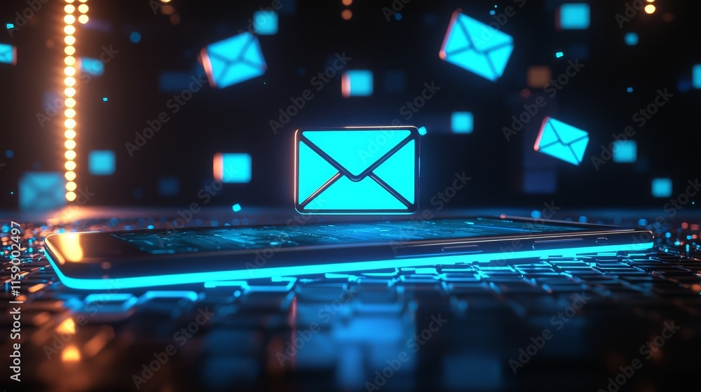 Poster mobile email security depicted as a mobile device surrounded by a protective field of shields, indic