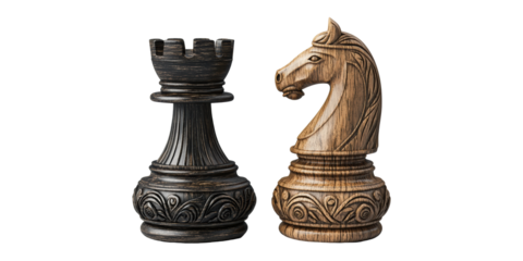 Rook and knight chess pieces isolated on transparent background