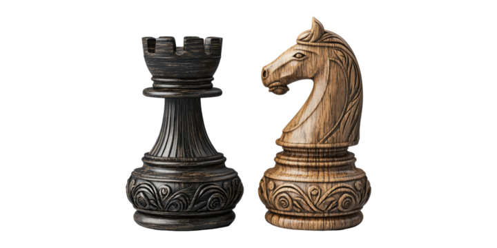 Rook and knight chess pieces isolated on transparent background
