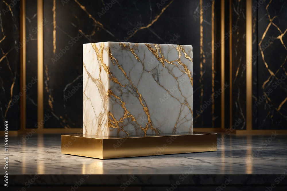 Poster marble stone display on a golden stand. elegant showcase with luxurious marble texture and golden ac