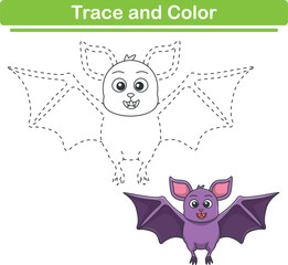 Handwriting Practice. Tracing lines and coloring bats for children. Vector Illustration