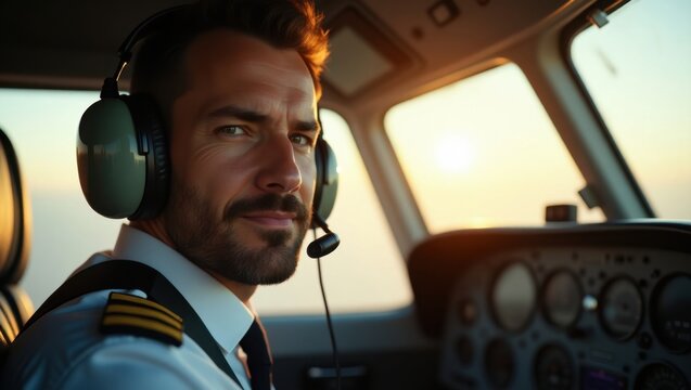 Confident male pilot in the cockpit of a small aircraft at sunset. Warm light illuminates the scene, creating a dramatic and atmospheric mood.