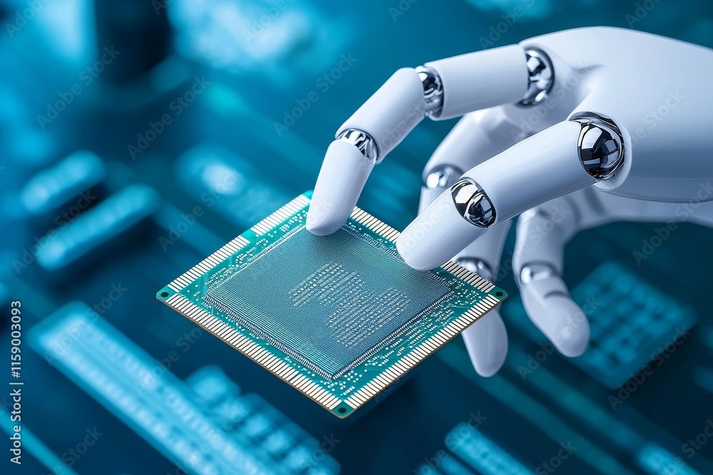 Poster a futuristic approach to robot technology development using xai 3d rendering, stock ai, and machine 