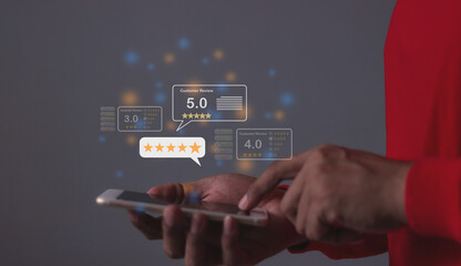 Customer Review, Young Man hand holding Smart Phone with five star to review and give 5 stars with very good results in service, Good review 5 star rating choice feedback