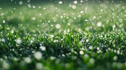 Snowflakes gently falling onto a green field, enhancing the winter ambiance.