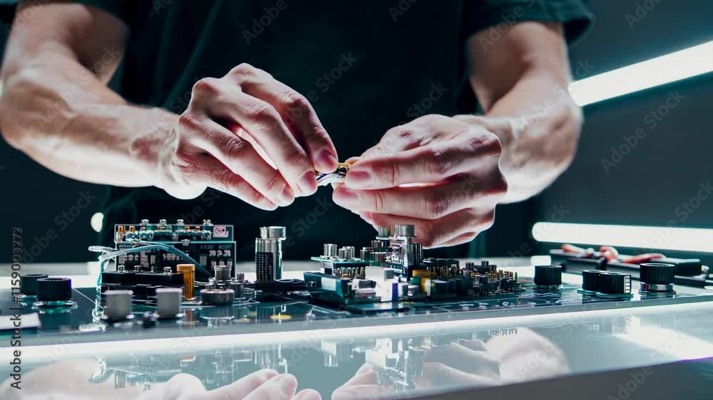 Poster expert technician assembling intricate components in modern workspace with focused precision