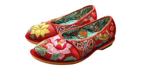 Obraz premium Embroidered floral red shoes isolated on transparent background