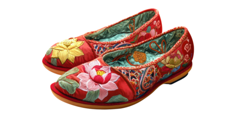 Embroidered floral red shoes isolated on transparent background