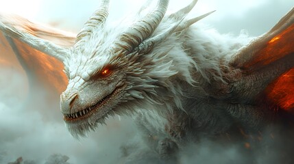 Obraz premium White dragon with glowing orange eyes in misty background