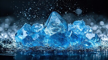   A group of ice cubes resting atop water-covered ground, featuring a nearby splash of water