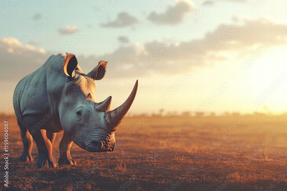 Poster Close up view of a rhino standing in a barren savanna at sunset with open space for text. Generative AI