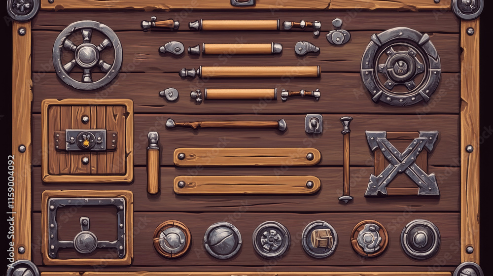 Poster wood pirate ui game frame and board button vector. wooden texture menu interface with arrow, panel a
