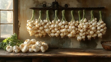 Rustic Harvest Garlic Bulbs Hanging and Resting