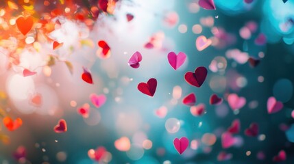 Falling paper hearts, bokeh background.