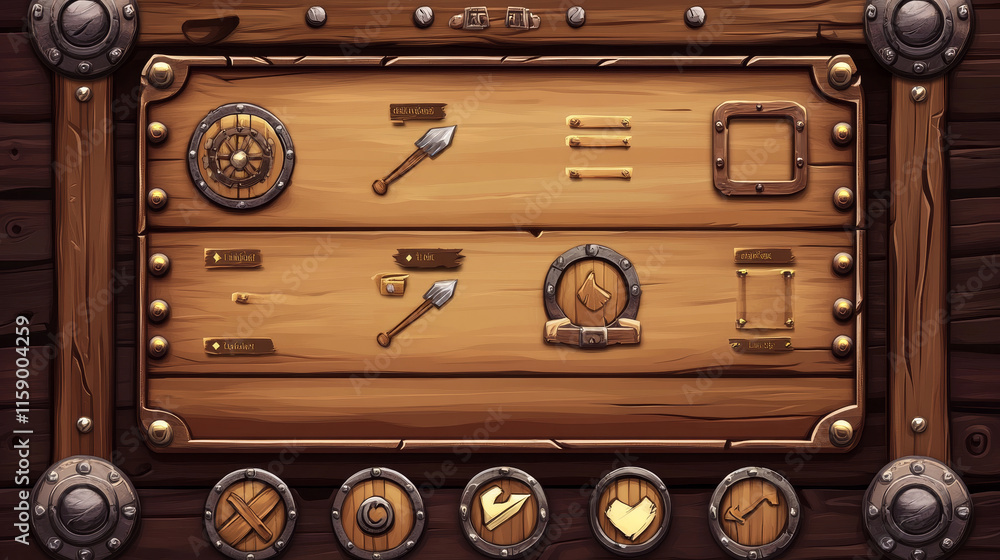 Poster wood pirate ui game frame and board button vector. wooden texture menu interface with arrow, panel a