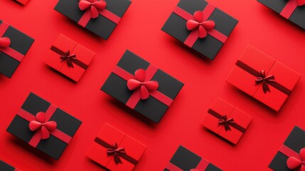 Obraz premium Isometric pattern of credit cards, gift cards, bonus cards. consumer concept, on a red background. Gifts for Christmas, Valentine's Day and birthday