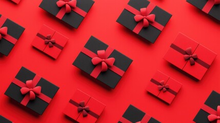 Fototapeta premium Isometric pattern of credit cards, gift cards, bonus cards. consumer concept, on a red background. Gifts for Christmas, Valentine's Day and birthday