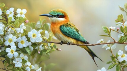 Obraz premium Colorful bee-eater bird perched on flowering branch.