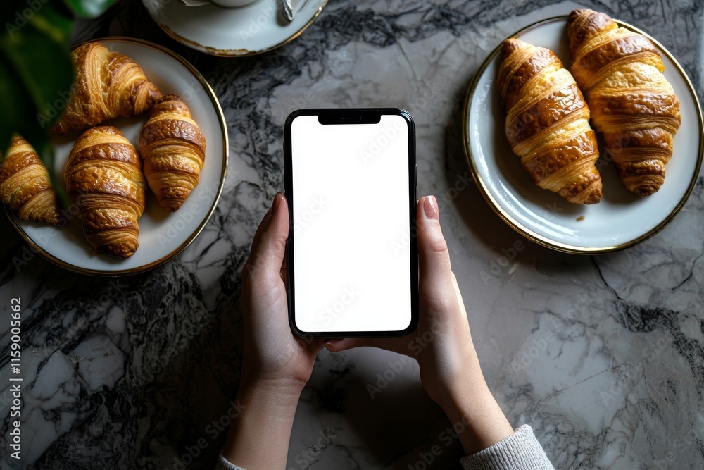 Poster in a café, hands cradle a phone displaying a breakfast scene and a calorie counting application