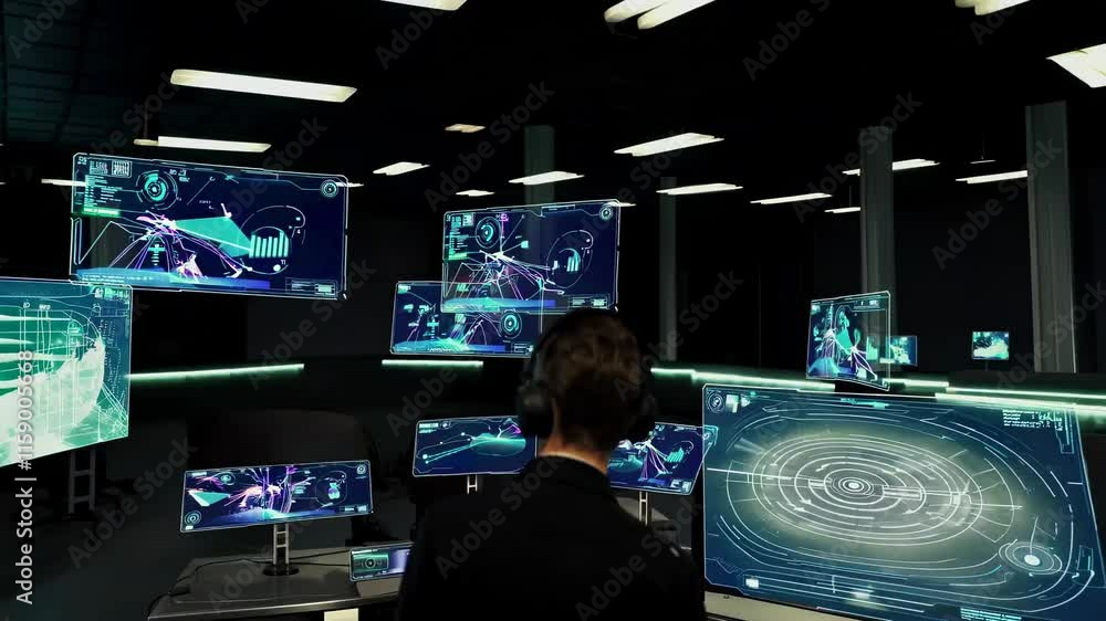 Poster high-tech control room showcases advanced data analytics and real-time monitoring capabilities