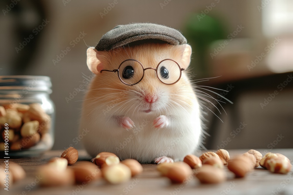 Poster cute hamster wearing round glasses and a tiny cap enjoys snacks on a wooden table in a cozy setting.