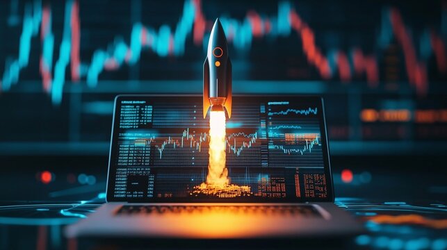 Colorful rocket launching from laptop screen with stock market graph background, isolated and transparent. Perfect for layouts and design elements to optimize visuals.