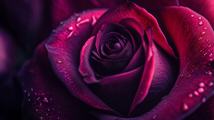 Beautiful purple rose with dew drops illuminated in soft light evokes feelings of romance and elegance in a garden setting
