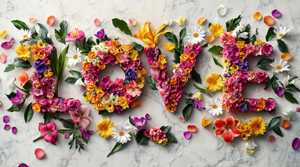 Colorful floral arrangement spells love on a marble background
