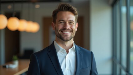Fototapeta premium A friendly and approachable Caucasian businessman smiles warmly in a modern office setting. Natural light streams in from a large window, adding a bright and positive feel to the image.
