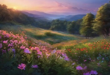 Obraz premium Colorful Wildflower Meadow at Sunset