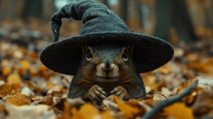 Squirrel in Wizard Hat Casting Spells in Forest