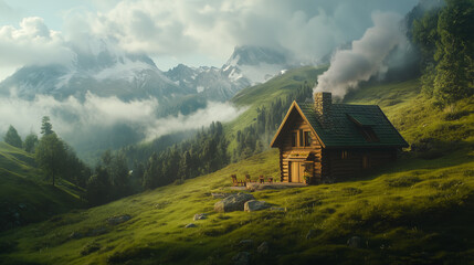 A cozy cabin with smoke curling from the chimney, nestled in a lush green valley in the Alps
