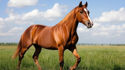 Obraz premium A majestic chestnut horse gracefully walks through a lush green field under a bright blue sky with fluffy clouds.