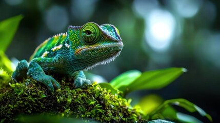 Fototapeta premium Vibrant green chameleon perched on mossy branch in lush rainforest.
