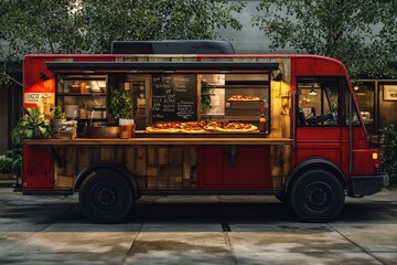 Red food truck parked on city street at night, selling pizza.