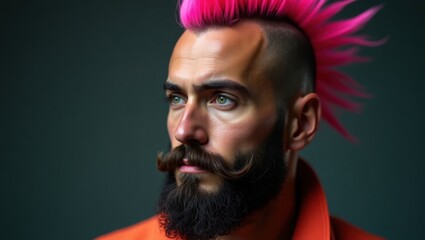 Portrait of a stylish man with a vibrant pink mohawk and full beard, looking thoughtfully to the side. The bold color contrasts beautifully against his dark beard and orange jacket.