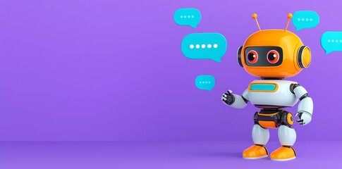 Fototapeta premium A white, futuristic robot chatting with chat bubbles on a purple-hued background.