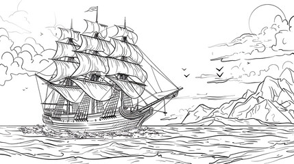 ship at the sea line art outline no color for colouring book